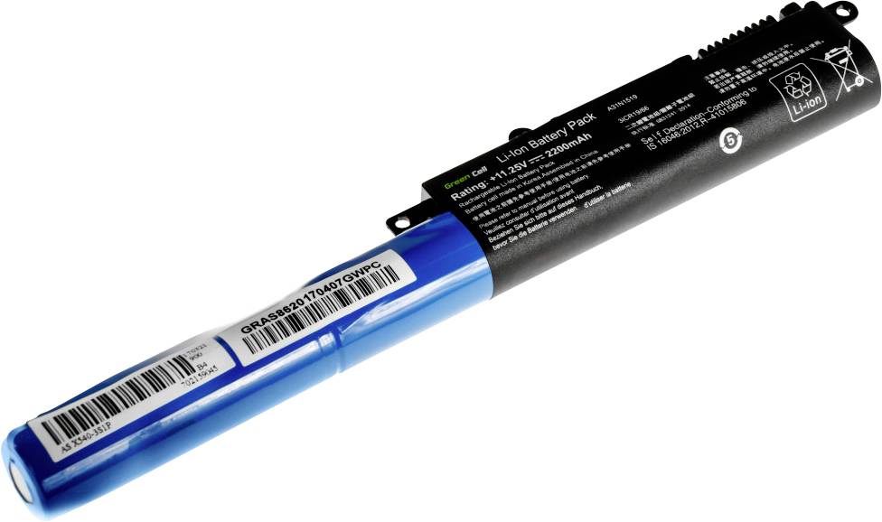 'Blauwe en zwarte lithium-ion-accu met gedrukte technische details en barcodes.'