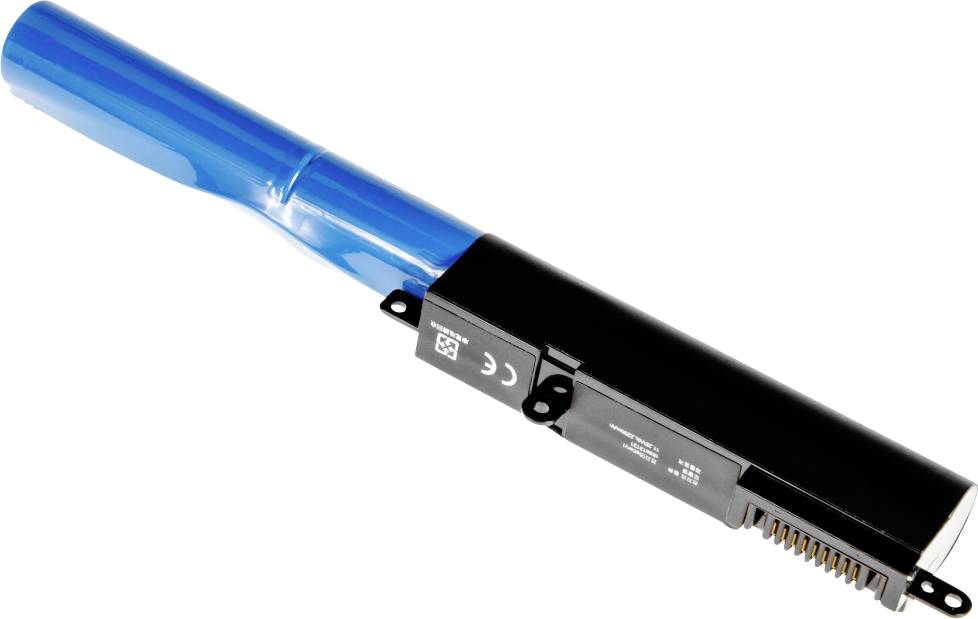 Een blauwe en zwarte accu met metalen contactpunten en CE-markering op een witte achtergrond.