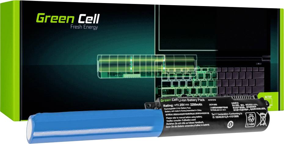 Batterij van Green Cell op de voorgrond; verpakking met laptop-illustratie op de achtergrond. Tekst: 'Green Cell, Verse Energie'.