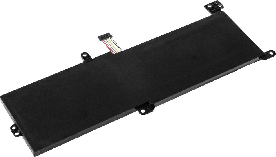 Zwarte laptopaccu met aansluitkabels bovenaan.