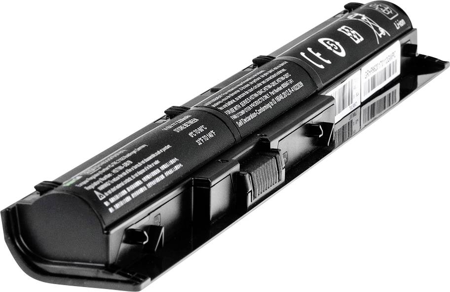 Een lithium-ion accu voor een laptop, zwart, met fabrikantinformatie en symbolen voor voorzichtigheid en recycling afgedrukt.