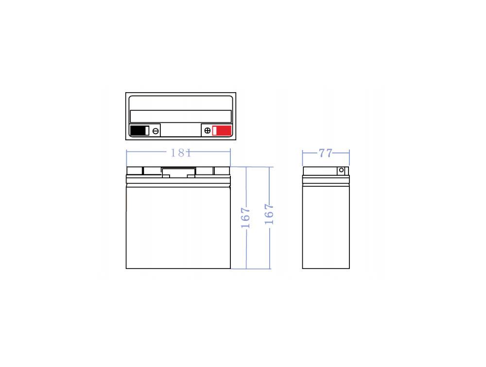 Tekening van een batterij met afmetingen: breedte 181 mm, hoogte 167 mm, diepte 77 mm. Bovenaansluitingen. Voor- en zijaanzicht.