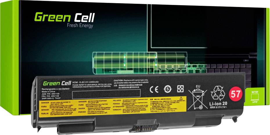 Een laptop-accu van Green Cell met het opschrift 'Fresh Energy'. Op de achtergrond is een verpakking met een groen designelement.
