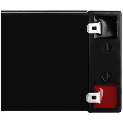 Zwarte batterij met twee aansluitingen rechtsboven; rood en zwart aansluitveld eronder.