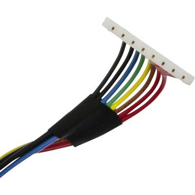Een bundel gekleurde draden (zwart, wit, blauw, geel, groen, rood) loopt naar een platte witte stekker met meerdere pennen.