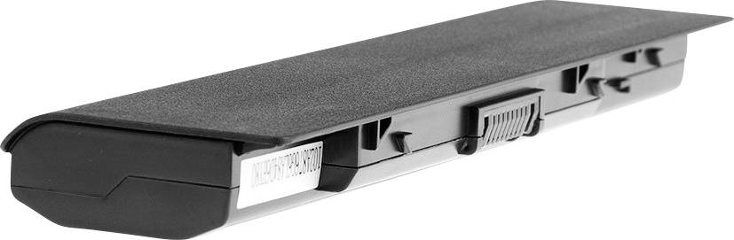 Een zwarte laptopaccu met een gladde oppervlakte en twee zichtbare bevestigingsklemmen op een witte ondergrond.