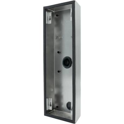 Metalen behuizing voor elektronische componenten, rechthoekig, met bevestigingsgaten en afdichtingen, geschikt voor wandmontage.