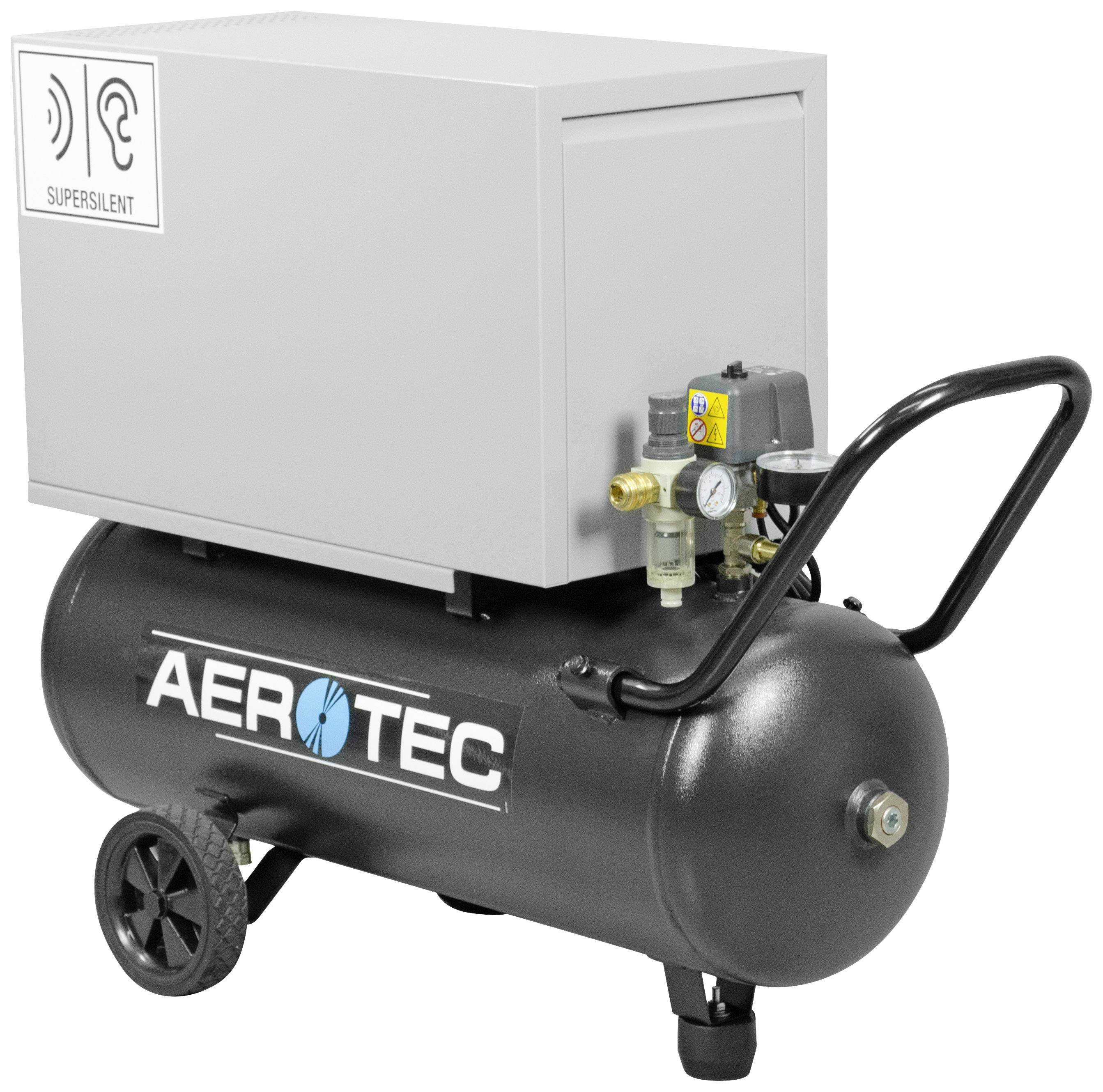 Compacte, zwarte luchtcompressor van het merk 'Aerotec' met twee wielen en een 'Supersilent'-aanduiding.