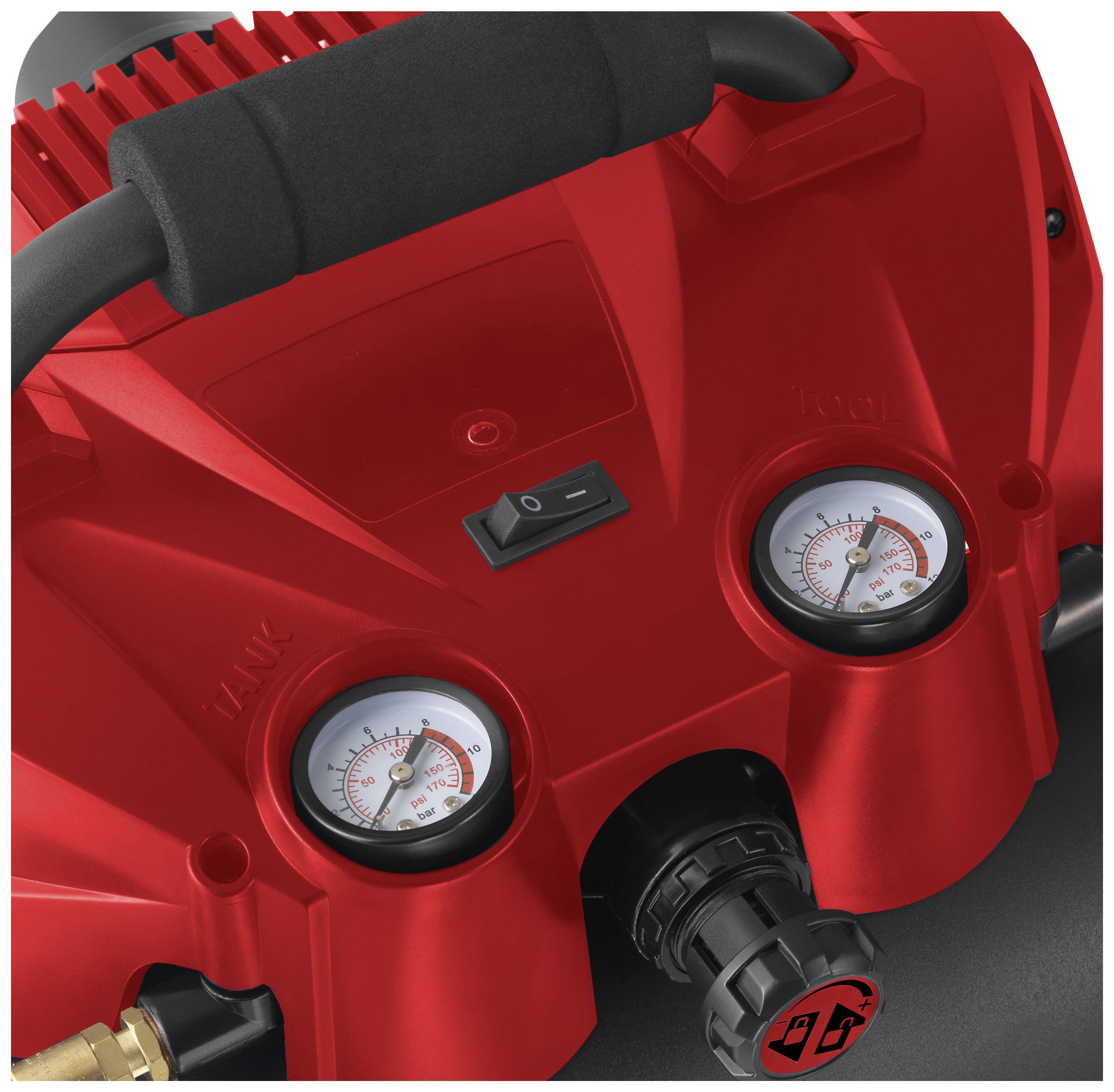 Close-up van een rode luchcompressor met twee manometers en een draaiventiel, gebruikt voor drukregeling.