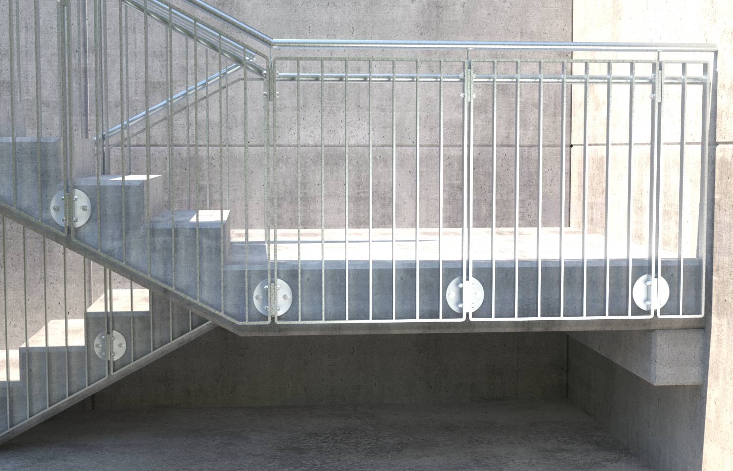 Een metalen trap met leuning in een moderne, minimalistische stijl. Betonnen muren op de achtergrond.