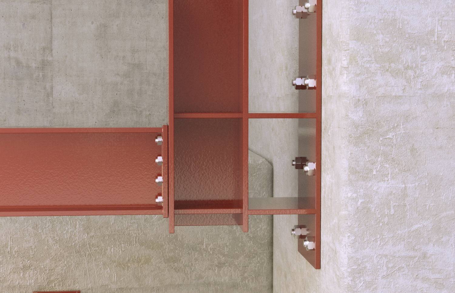 Stalen draagconstructie in het rood, bevestigd aan een betonnen muur met meerdere schroefverbindingen.