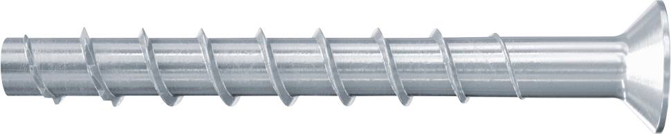 Metalen schroef met een platte kop en schroefdraad langs de steel, geschikt voor bevestigingsdoeleinden in harde materialen.