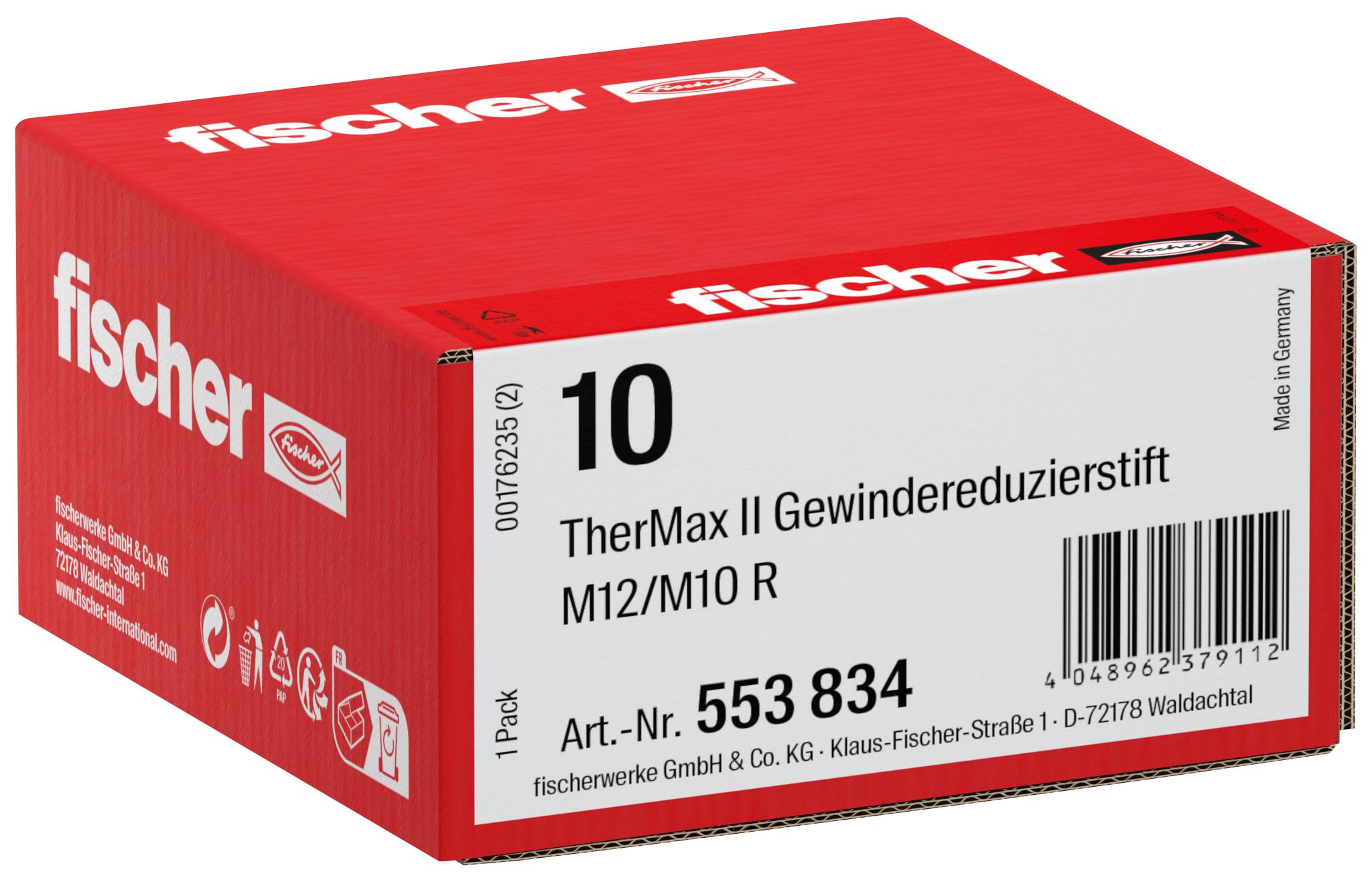 Rode Fischer verpakkingsdoos voor Fischer TherMax II schroefdraad-reduceerpen, gelabeld M12/M10 R, Art.-Nr. 553 834, verpakking van 10 stuks, met streepjescode en Made in Germany.