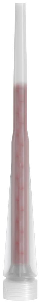 Een transparante, slanke kunststof applicator gevuld met roze vloeistof, vermoedelijk bedoeld voor medische of cosmetische doeleinden.