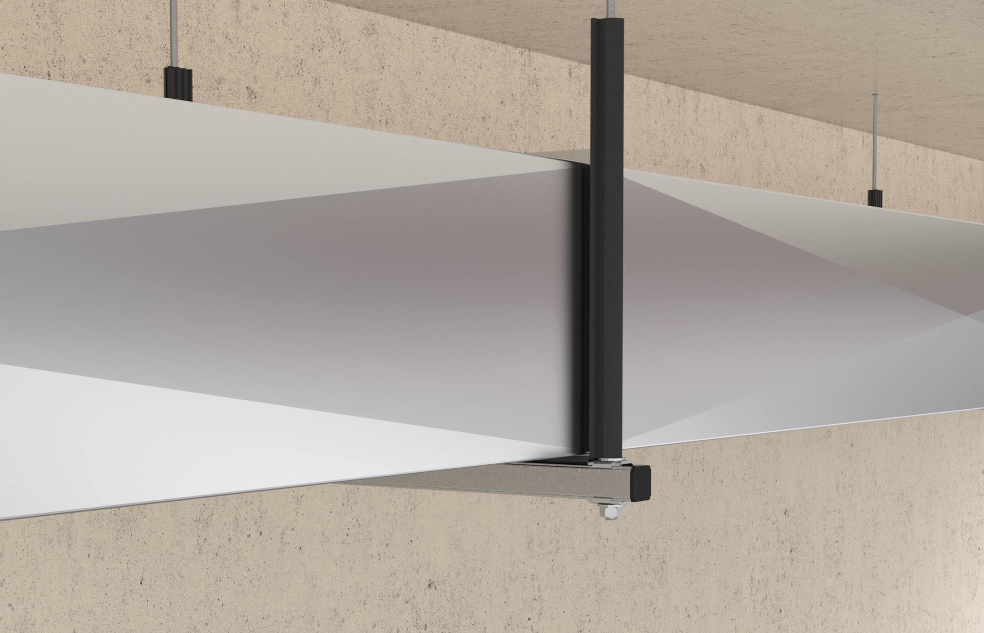 Een metalen dragerconstructie is bevestigd aan een plafond. Een lange, smalle lichtstraal loopt parallel aan het plafond.