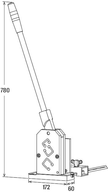 Hefboomkoppeling met afmetingen: 780 mm hoog, 172 mm breed, 60 mm diep. Geschikt voor mechanische besturingen.