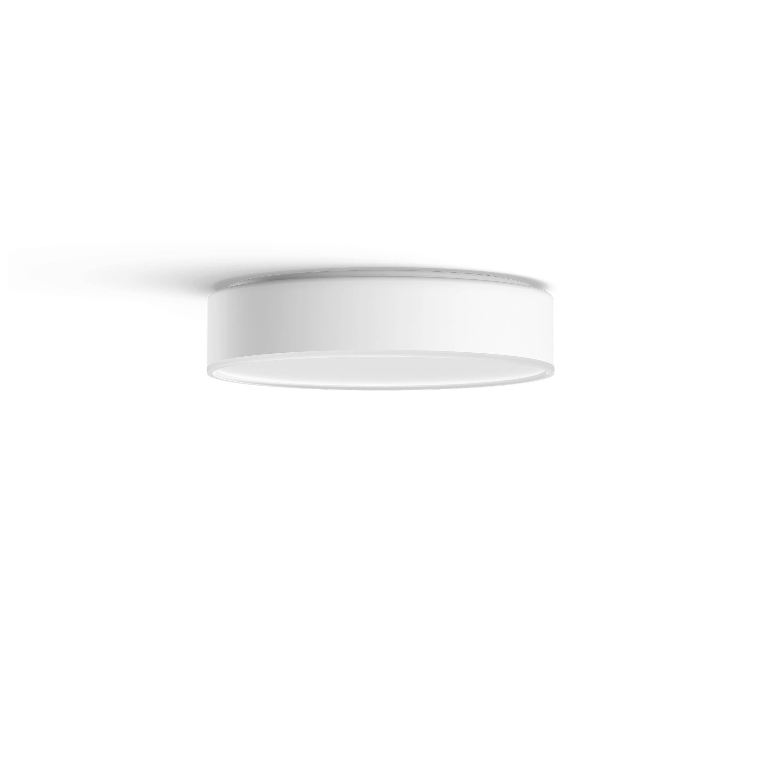 Witte, ronde plafondlamp tegen witte achtergrond.