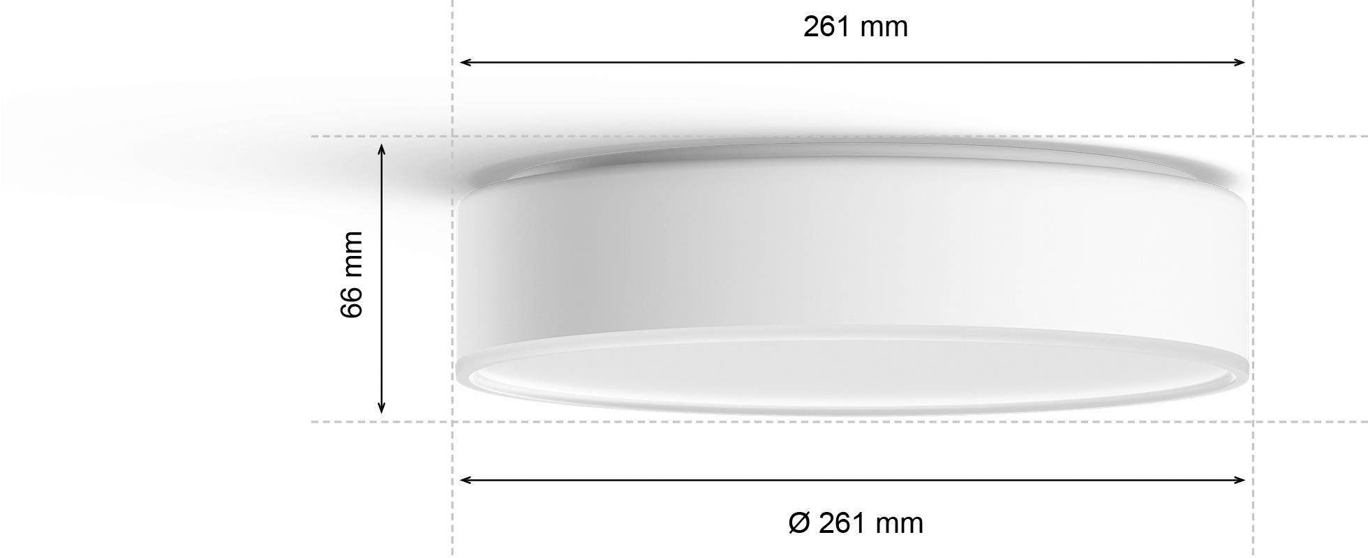 Ronde lamp met de afmetingen: diameter 261 mm, hoogte 66 mm. Zijaanzicht en onderaanzicht.