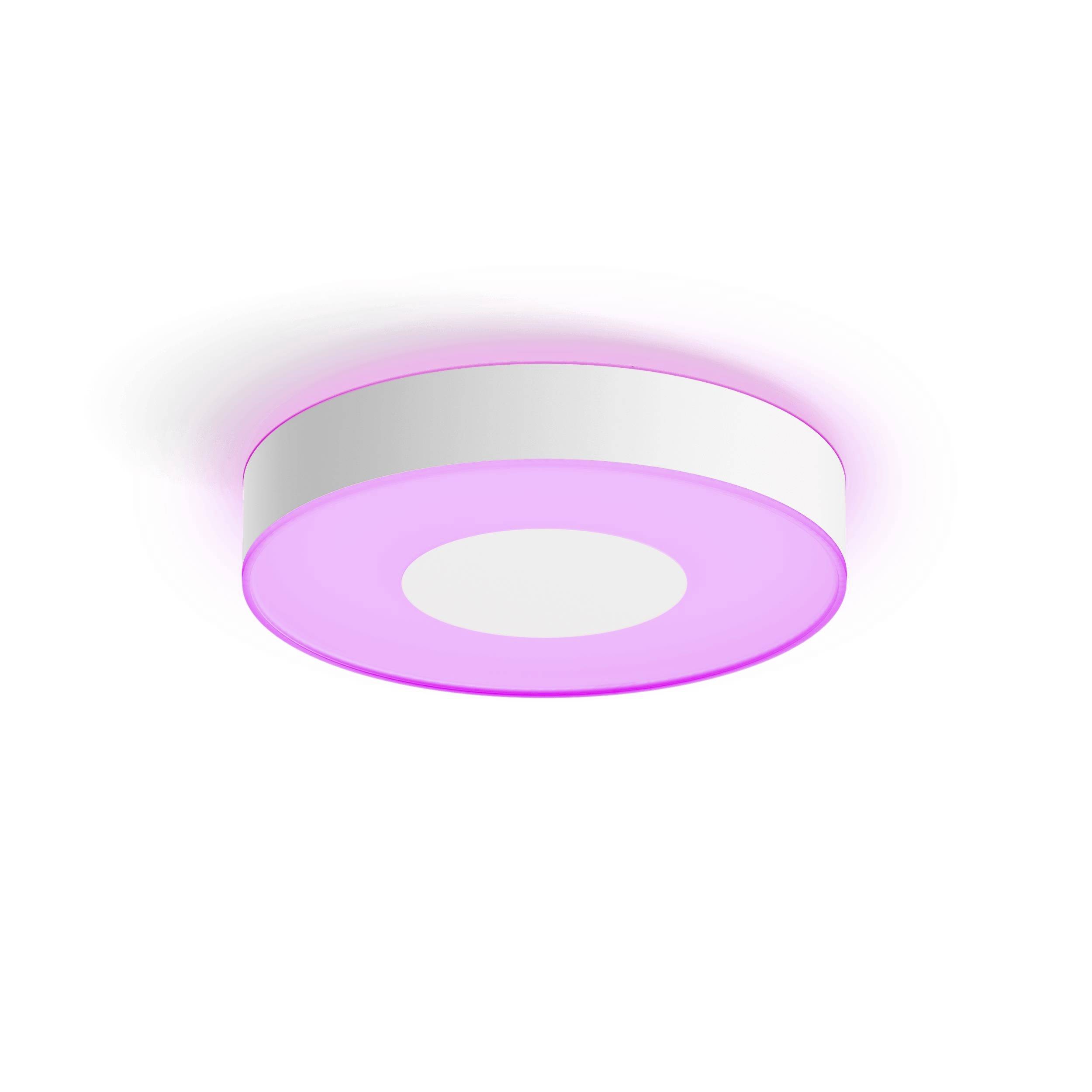 Een ronde plafondlamp met een paarse lichtring en een wit centrum, geschikt voor moderne interieurs.