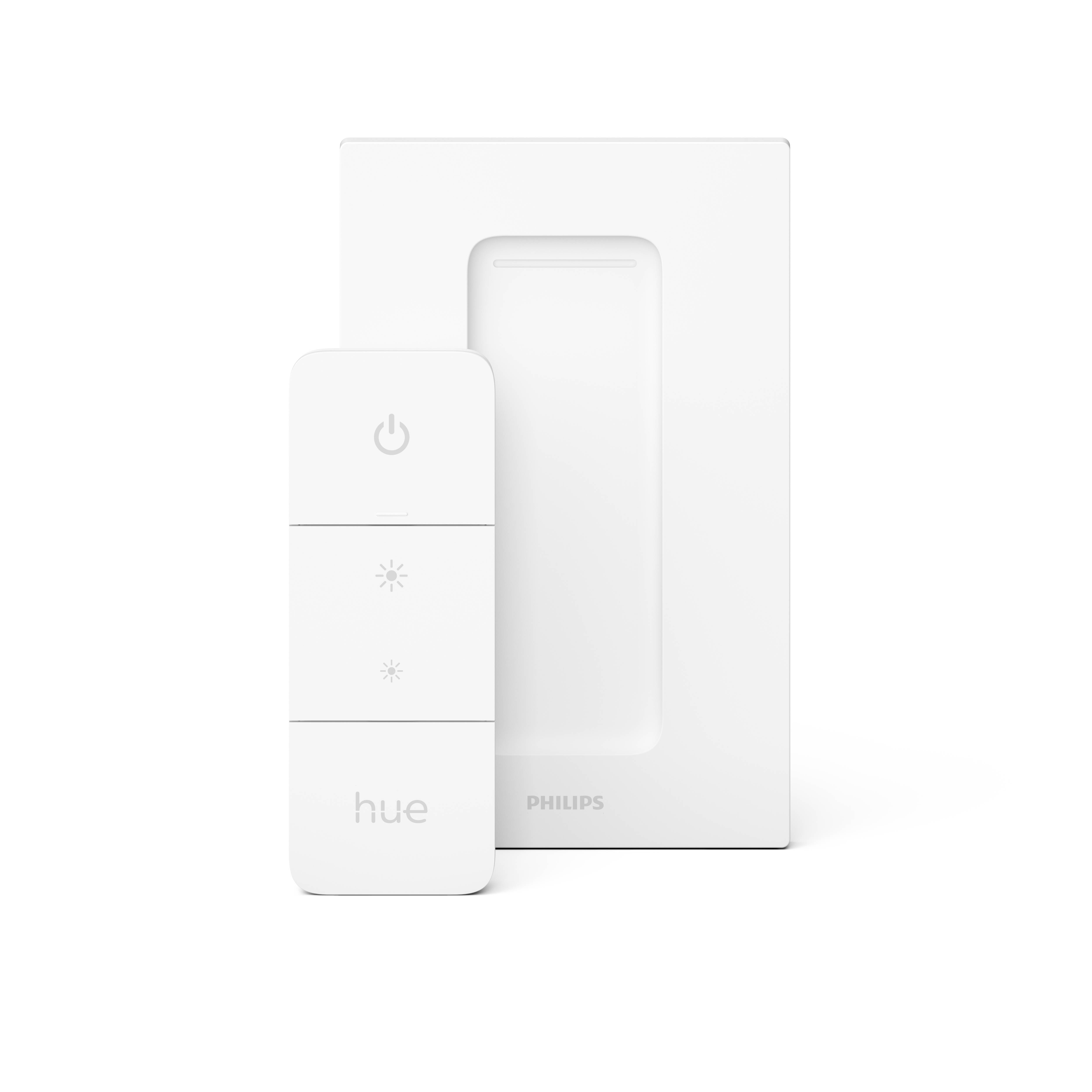 Een witte Philips Hue schakelaar met driehoekige knoppen voor het bedienen van de verlichting. Ernaast een rechthoekige houder.
