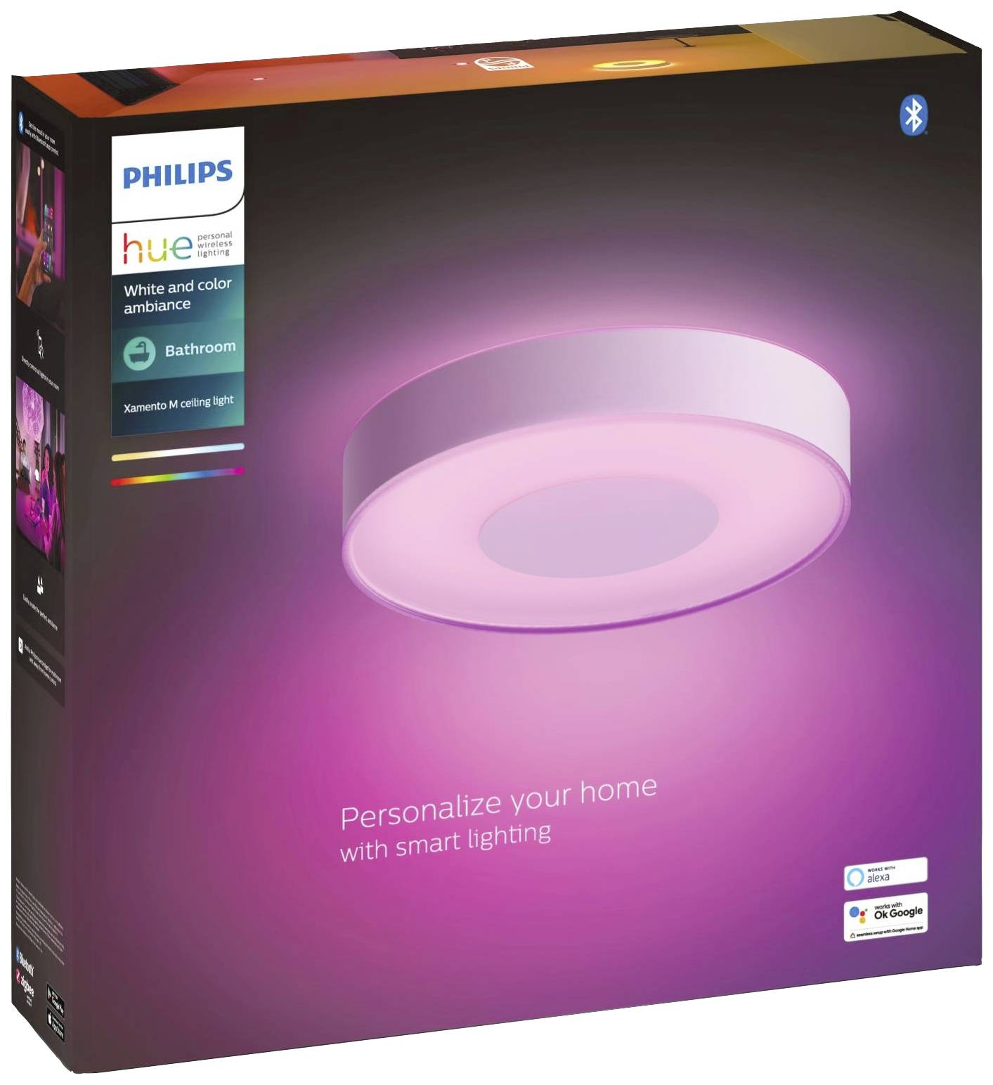 Verpakking van de Philips Hue plafondlamp met een wit-roze lichtgloed en de tekst 'Personaliseer je huis met slimme verlichting'.