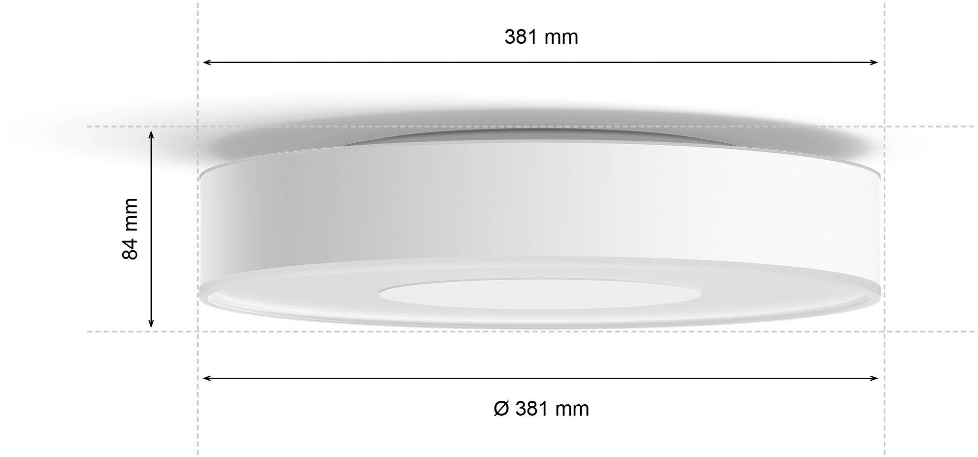Ronde plafondlamp van wit materiaal, diameter 381 mm, hoogte 84 mm, als voorbeeld voor maatweergave.