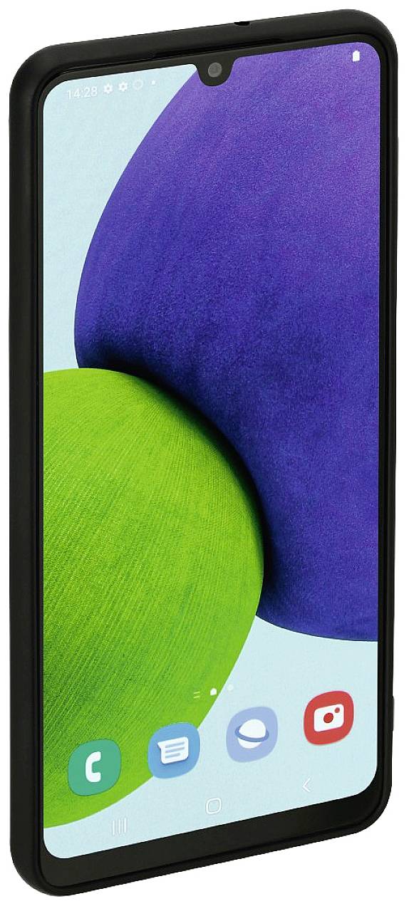 Smartphone met een groen en blauw achtergrondscherm; onderaan zijn pictogrammen zichtbaar voor telefoon, berichten, camera en galerij.