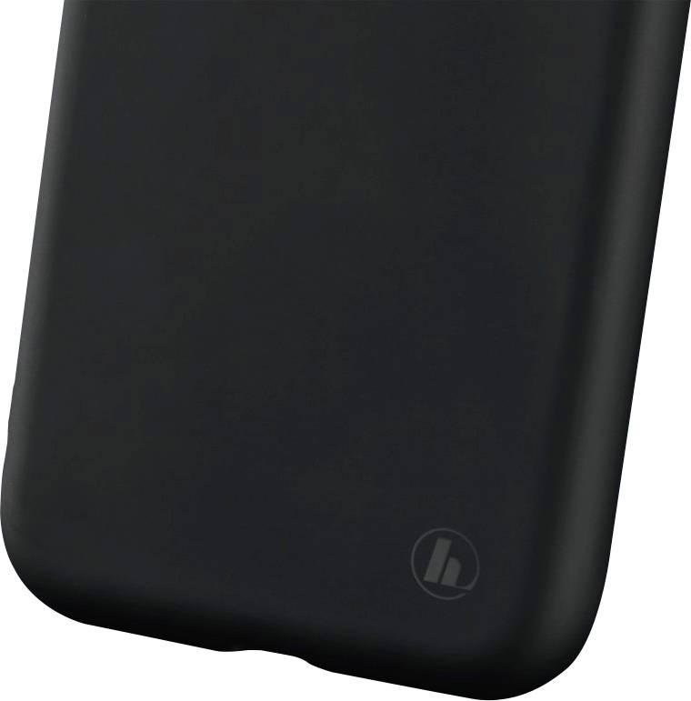 Zwarte telefoonhoes met afgeronde hoeken en een klein logo rechtsonder.