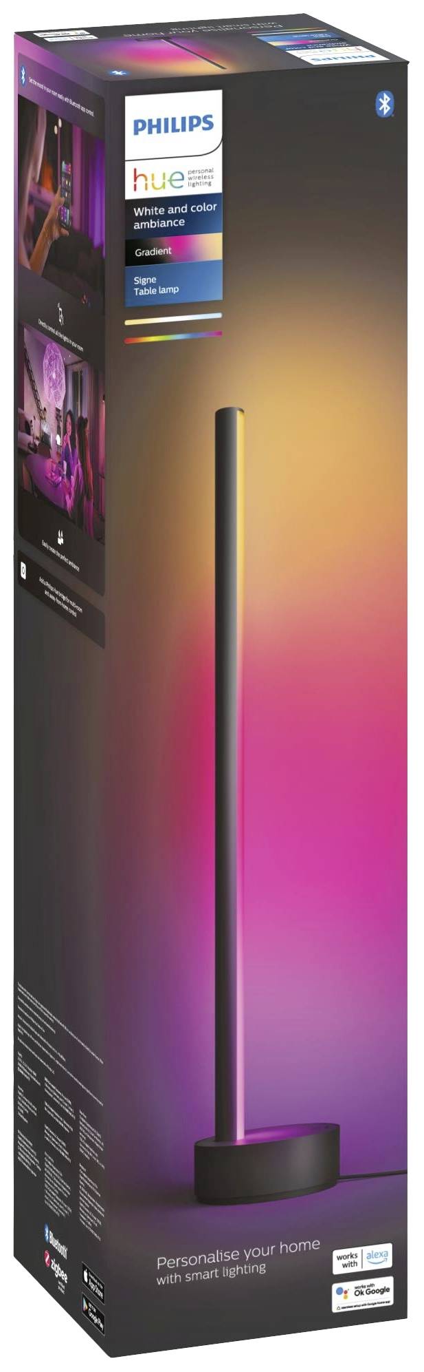 Philips Hue vloerlamp in originele verpakking, toont mogelijkheid tot kleurverandering. Verpakkingsgrafiek en logo zichtbaar.