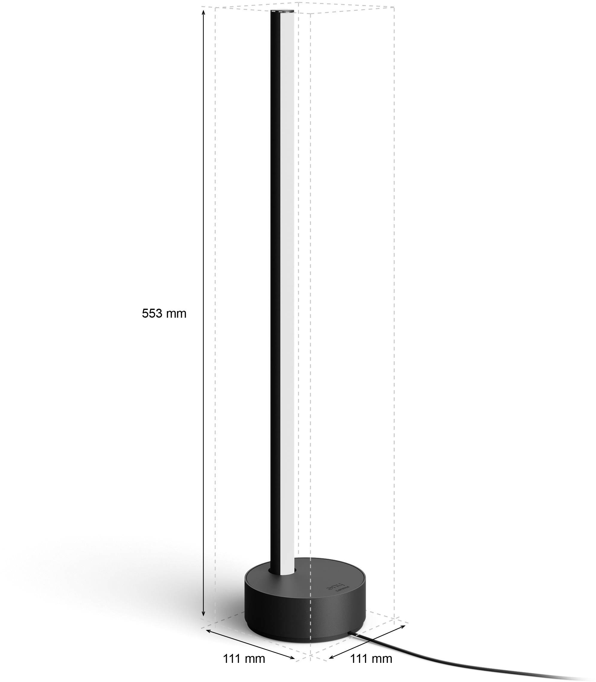 Staande lamp met een slanke, moderne vormgeving op een rond voetstuk. Hoogte 553 mm, breedte en diepte 111 mm. Stroomkabel aan de voet.
