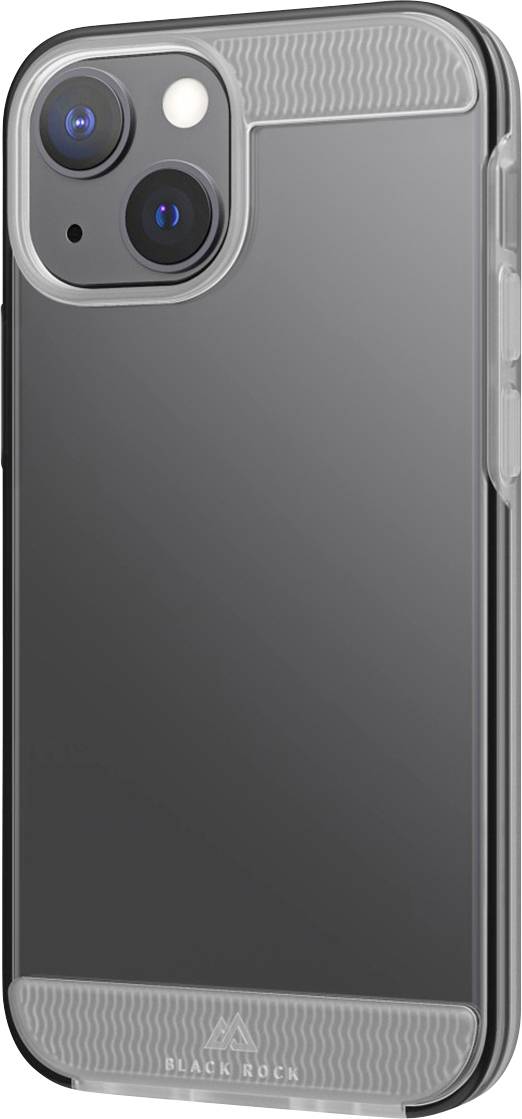 'Zwarte smartphone in een transparante beschermhoes met een zwarte rand, twee camera's aan de achterkant.'
