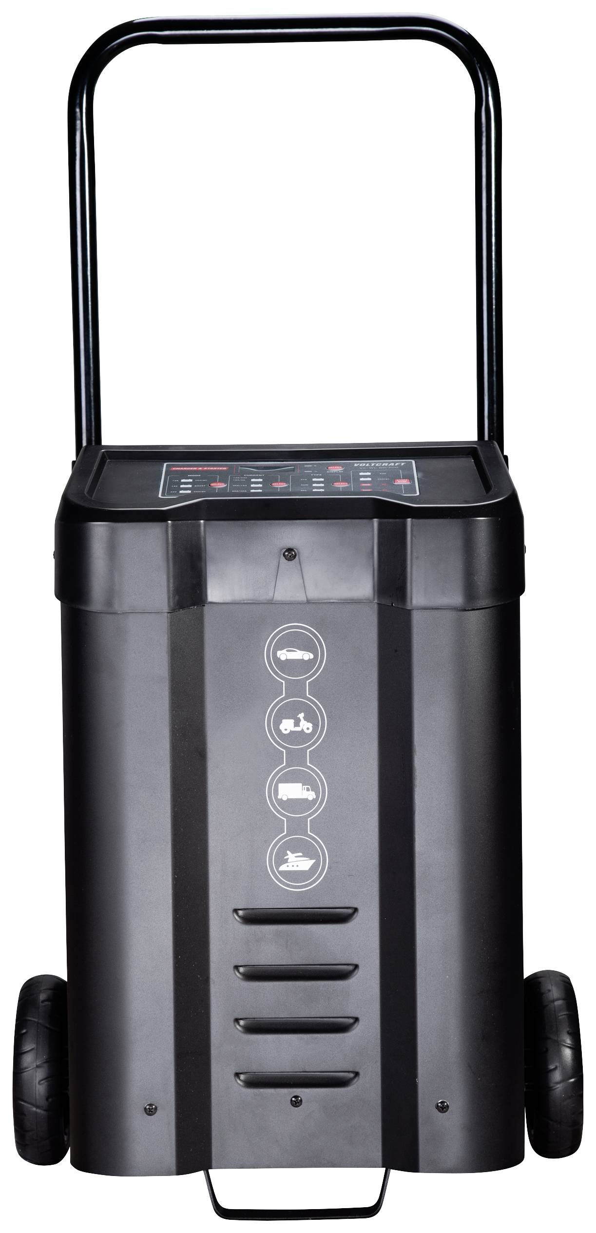 Een zwart, draagbaar apparaat met wielen en een handvat. Het heeft een bedieningspaneel bovenop en symbolen aan de voorkant.