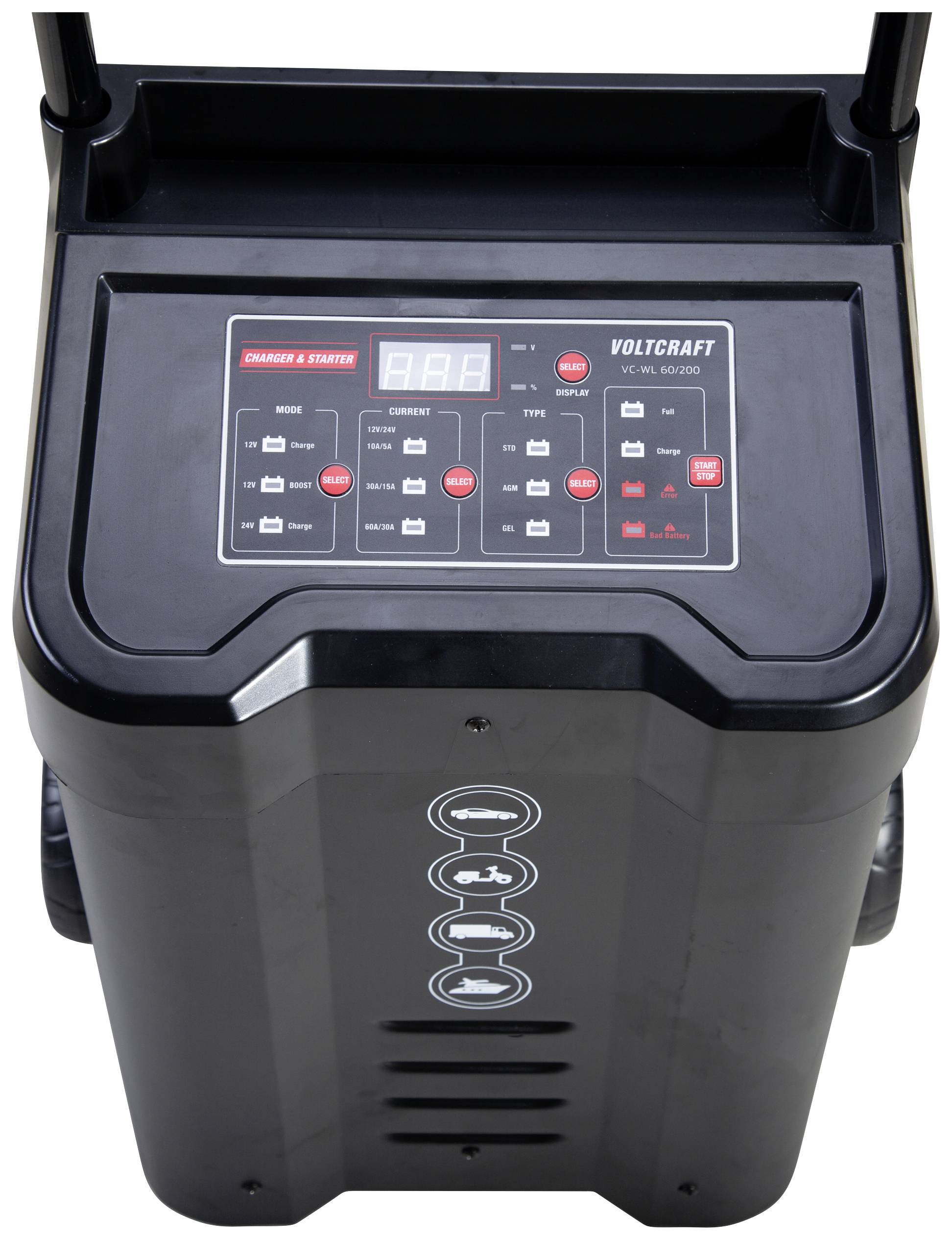 Oplader met digitaal display en verschillende knoppen voor bediening. Geschikt voor autobatterijen. Merknaam: Voltcraft.