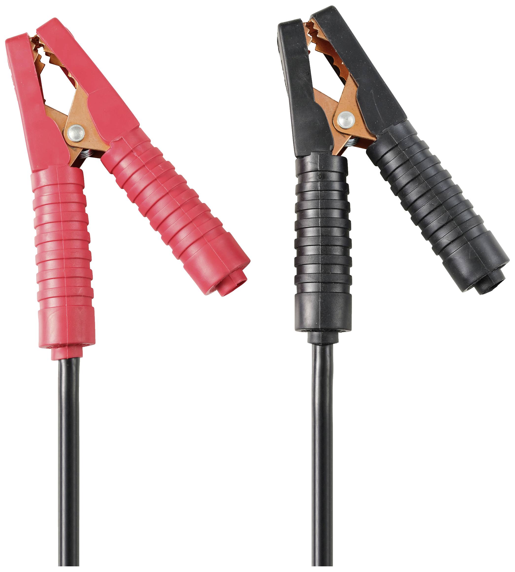 Twee autobatterijkabels met krokodillenklemmen: een rode en een zwarte. Ze worden gebruikt om batterijen over te bruggen.