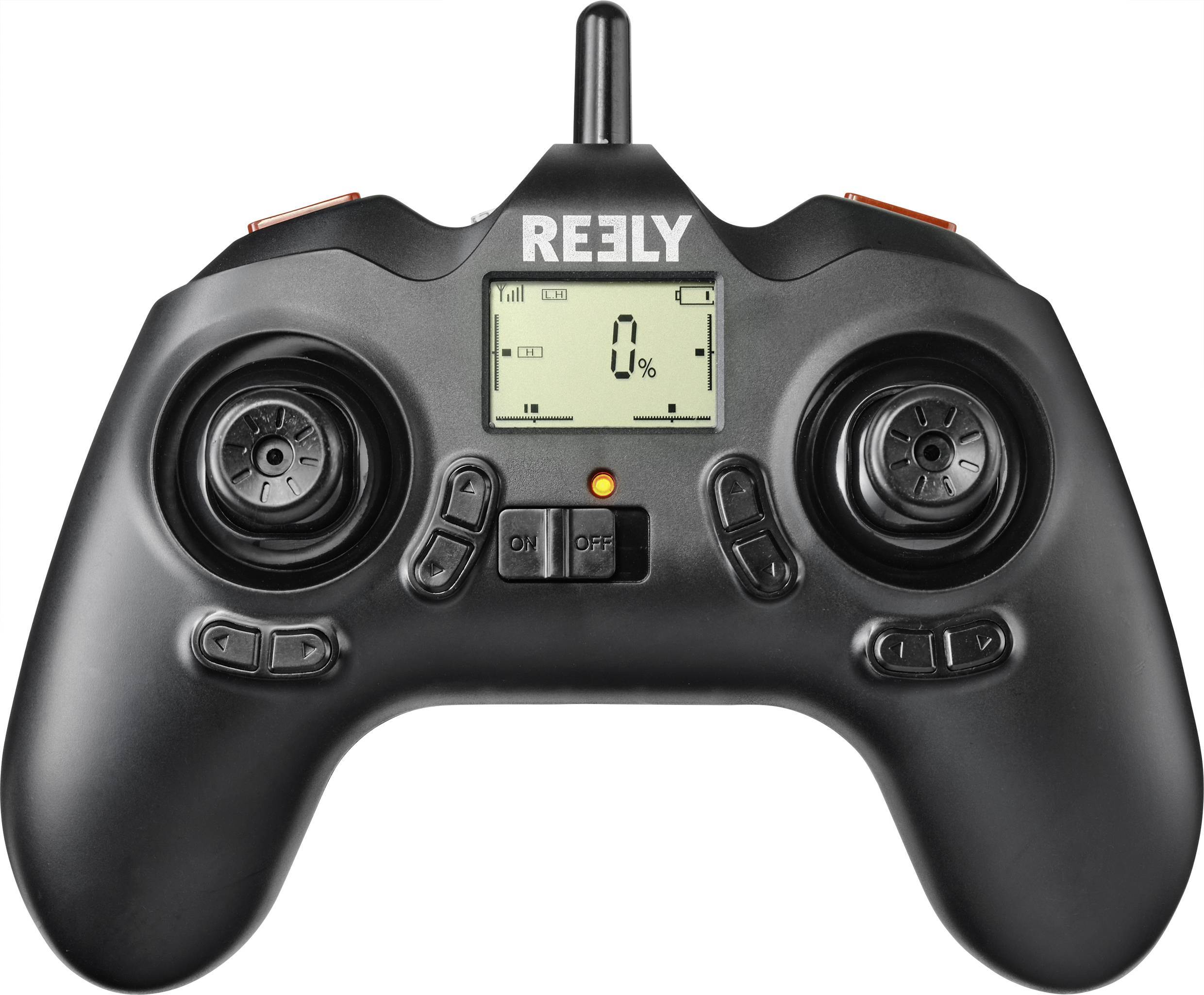 Een zwarte afstandsbedieningscontroller voor modellvoertuigen met twee joysticks en een klein scherm dat '0%' weergeeft.