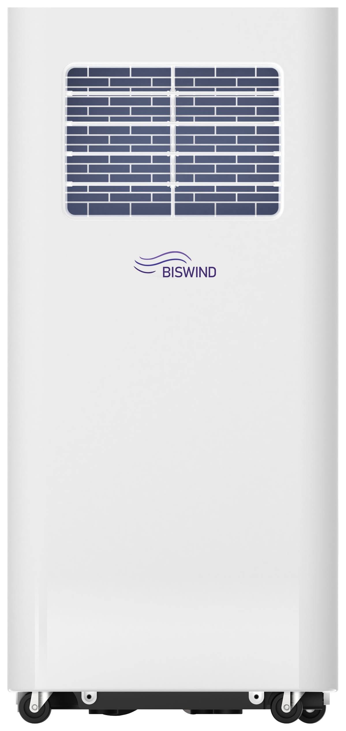 Een witte draagbare aircooler met een ventilatierooster bovenaan en het logo 'BISWIND'. Voorzien van wielen voor gemakkelijke verplaatsing.