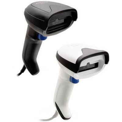 'Twee barcodescanners, een zwart, een wit, naast elkaar met kabels. Ze zijn geschikt voor het scannen van barcodes in winkels.'