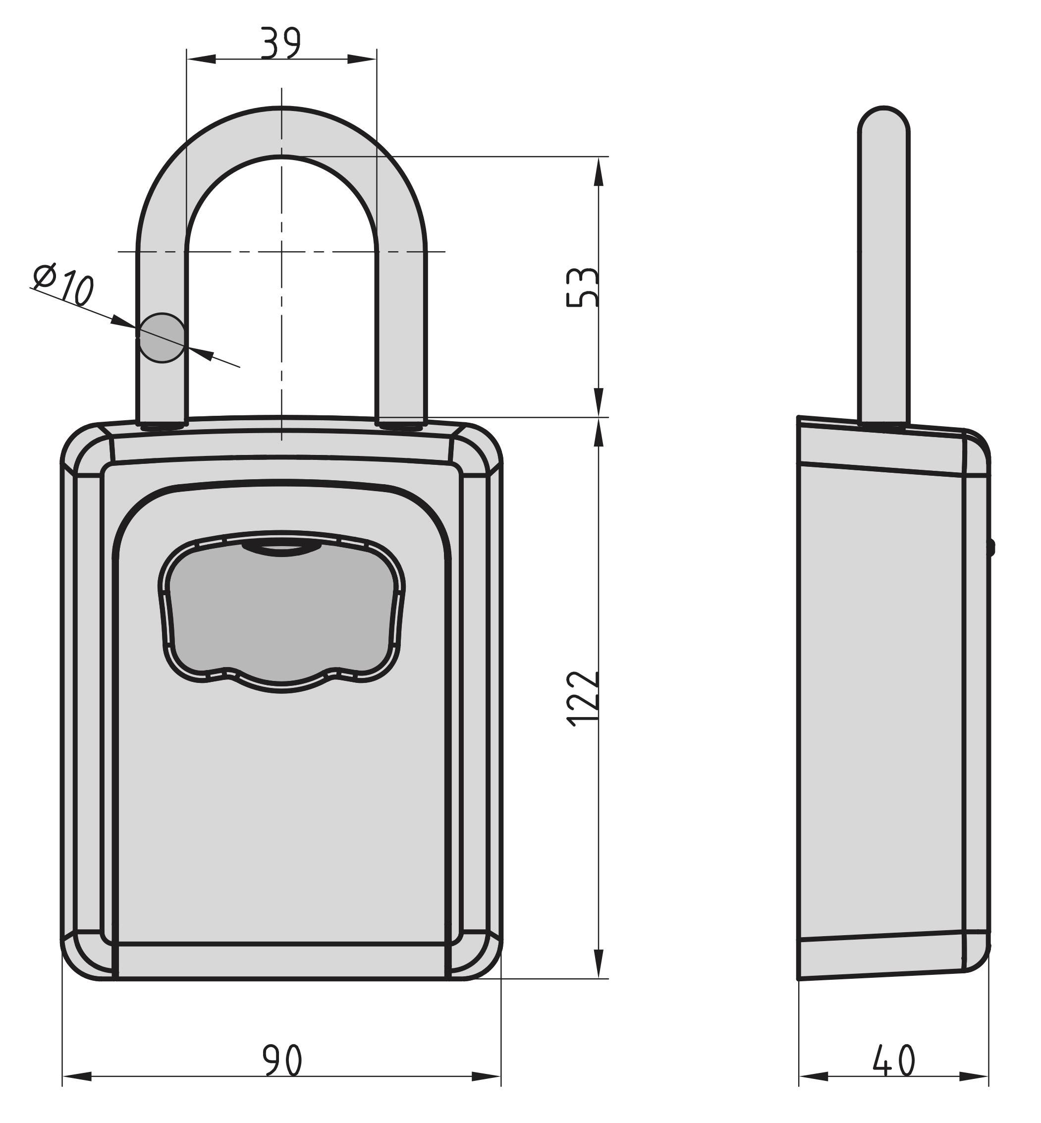 Technische tekening van een hangslot met afmetingen in millimeters: Breedte 90, Diepte 40, Hoogte 122, Beugelhoogte 53, Beugeldiameter 10.