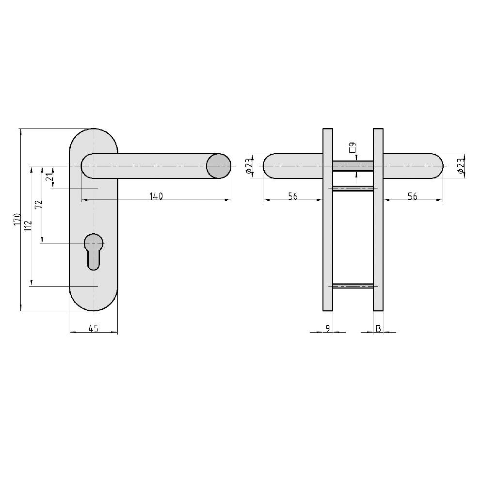 Technische tekening van een deurklink met afmetingen in millimeters, toont voor- en zijaanzicht met nauwkeurige afmetingen.