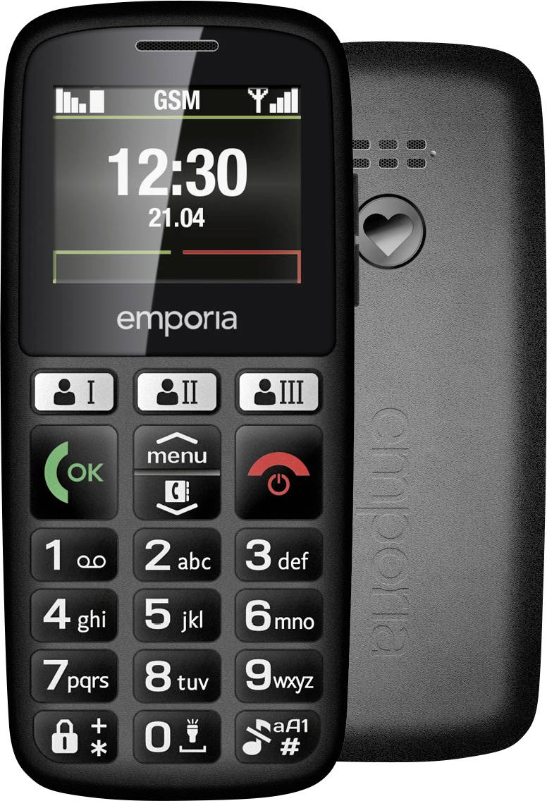 Klassiek mobiele telefoon met grote toetsen en display toont '12:30'. Batterijniveau-indicator en GSM-ontvangst zichtbaar bovenaan.