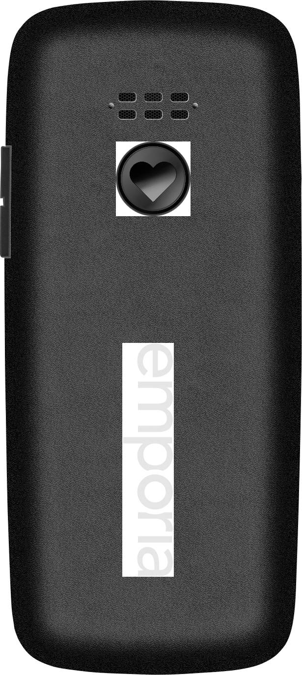 Zwart mobiele telefoon van achteren, met hartsymbool bovenaan, merk 'emporia' verticaal in het midden.