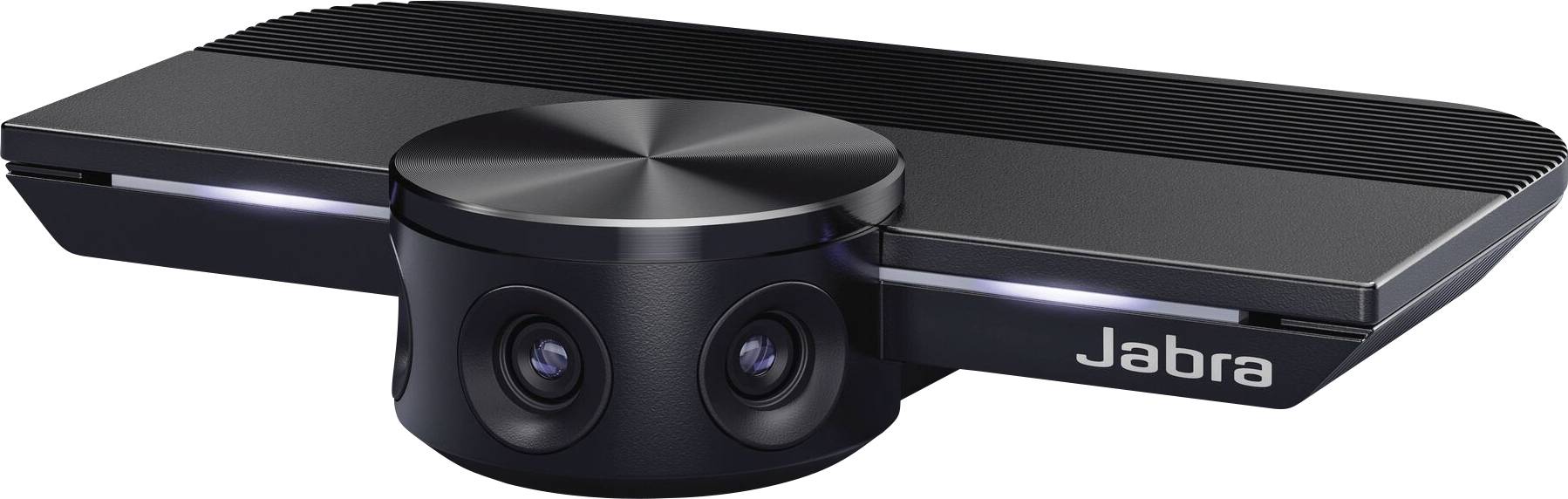 Een zwarte Jabra-panoramacamera met twee lenzen, geschikt voor videoconferenties.