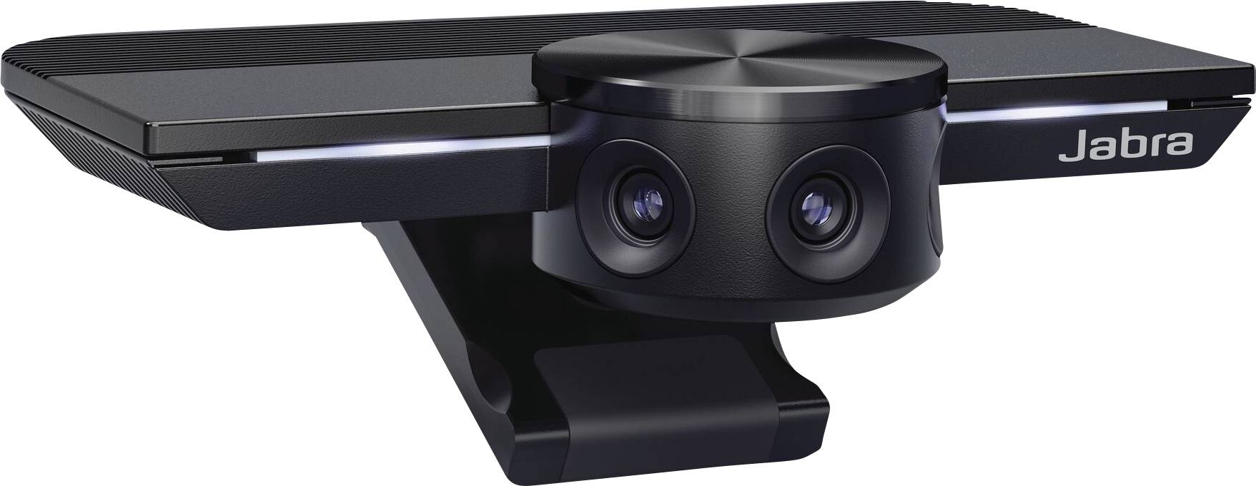 Een zwarte Jabra-webcam met twee lenzen en een bevestigingsclip, geschikt voor videoconferenties.