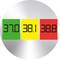 Drie digitale temperatuurweergaven: links 37,0 (groen), midden 38,1 (geel), rechts 38,8 (rood).