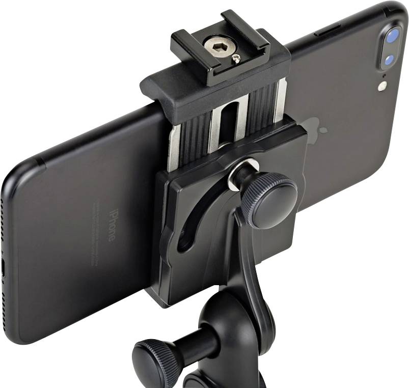 Telefoonhouder met schroefbevestiging bevestigt een smartphone aan een statief. Ideaal voor stabiele foto- of video-opnames.