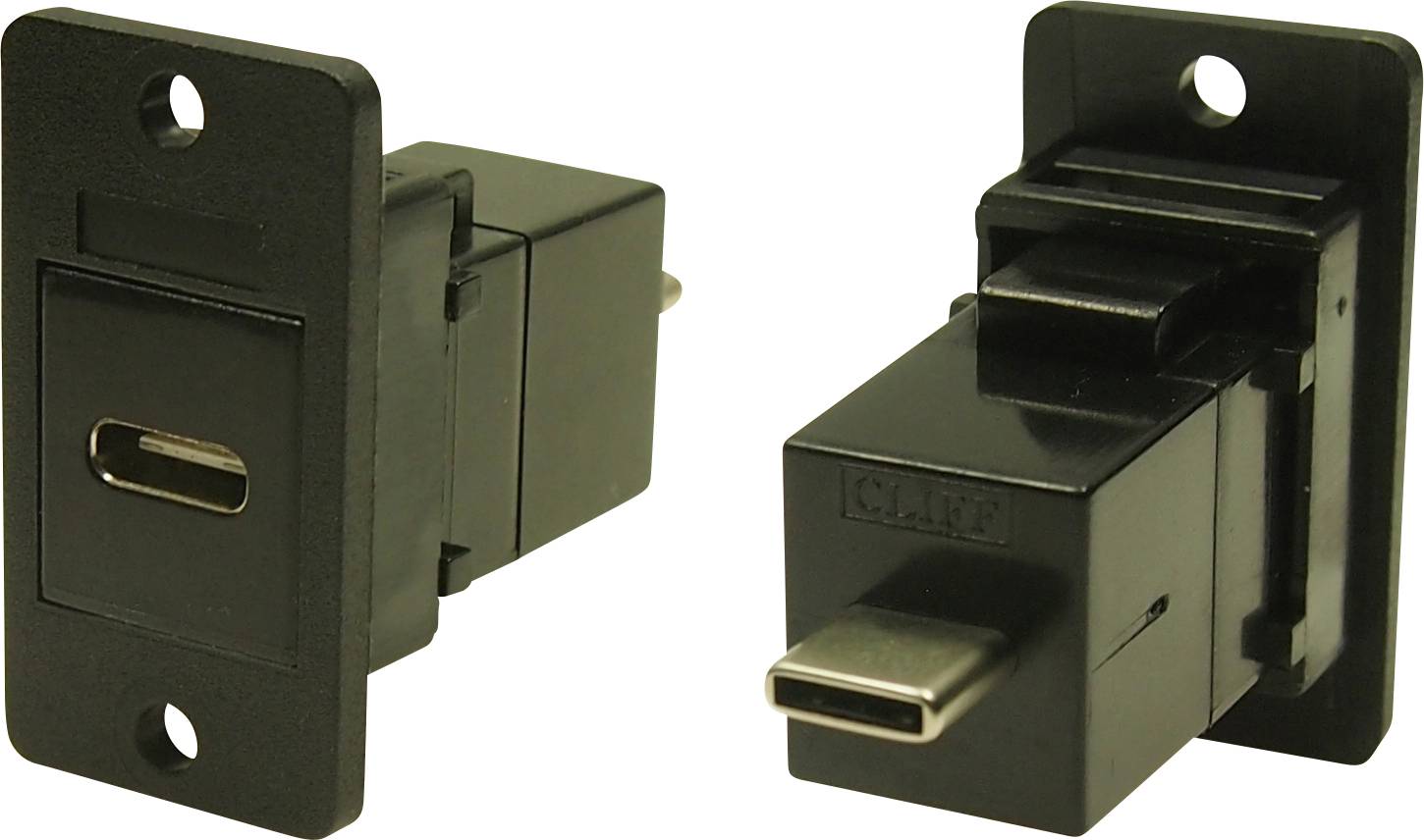 Adapter met USB-C-aansluiting, weergegeven vanuit twee perspectieven. Geschikt voor wandmontage, biedt stabiele verbindingen.