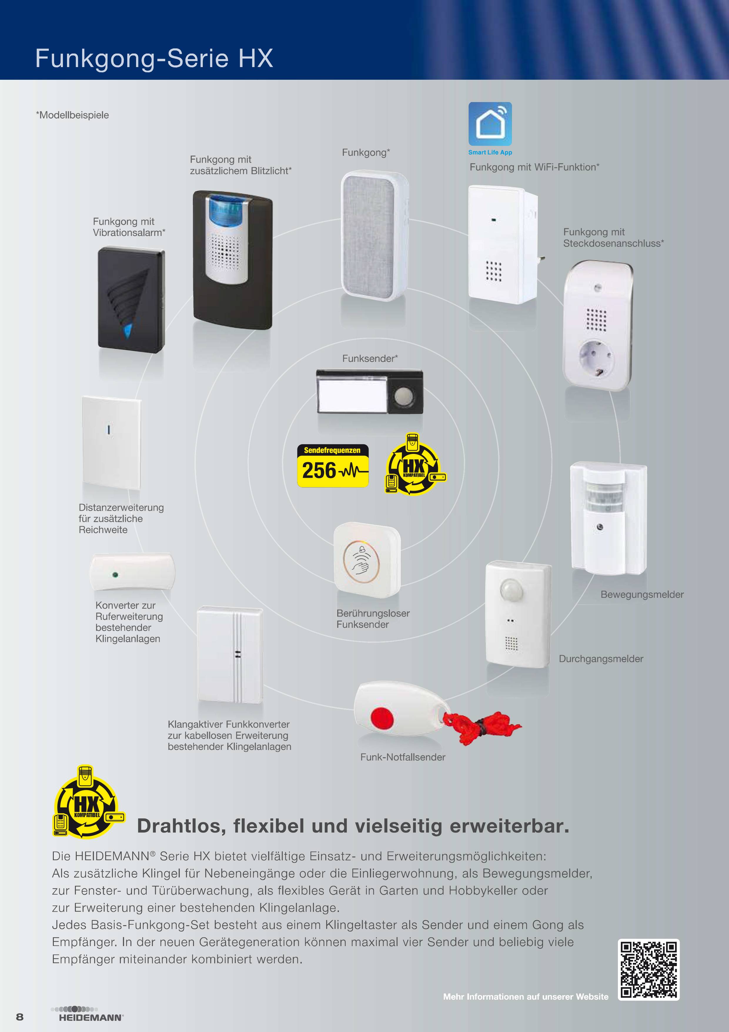 'Funkgong-Serie HX': Verschillende draadloze belmodellen met functies zoals WiFi-compatibiliteit en kleurvarianten. Draadloos en flexibel uitbreidbaar.