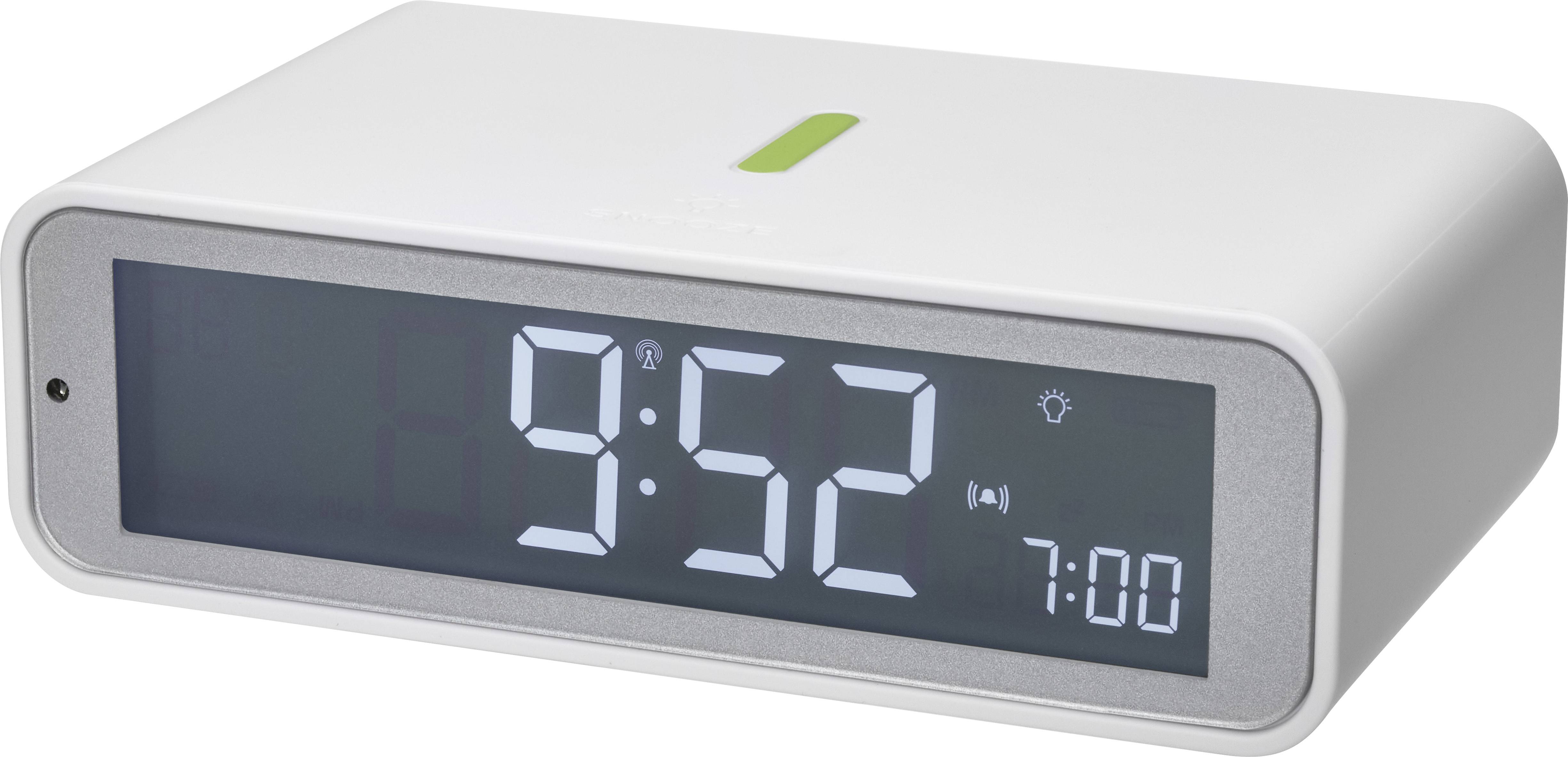 Digitale wekker in het wit toont de tijd 9:52 met een ingestelde alarmtijd van 7:00 uur.