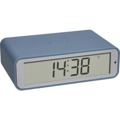 Digitale wekker met een blauwe behuizing toont de tijd 14:38. Naast de tijd is een symbool voor daglicht zichtbaar.