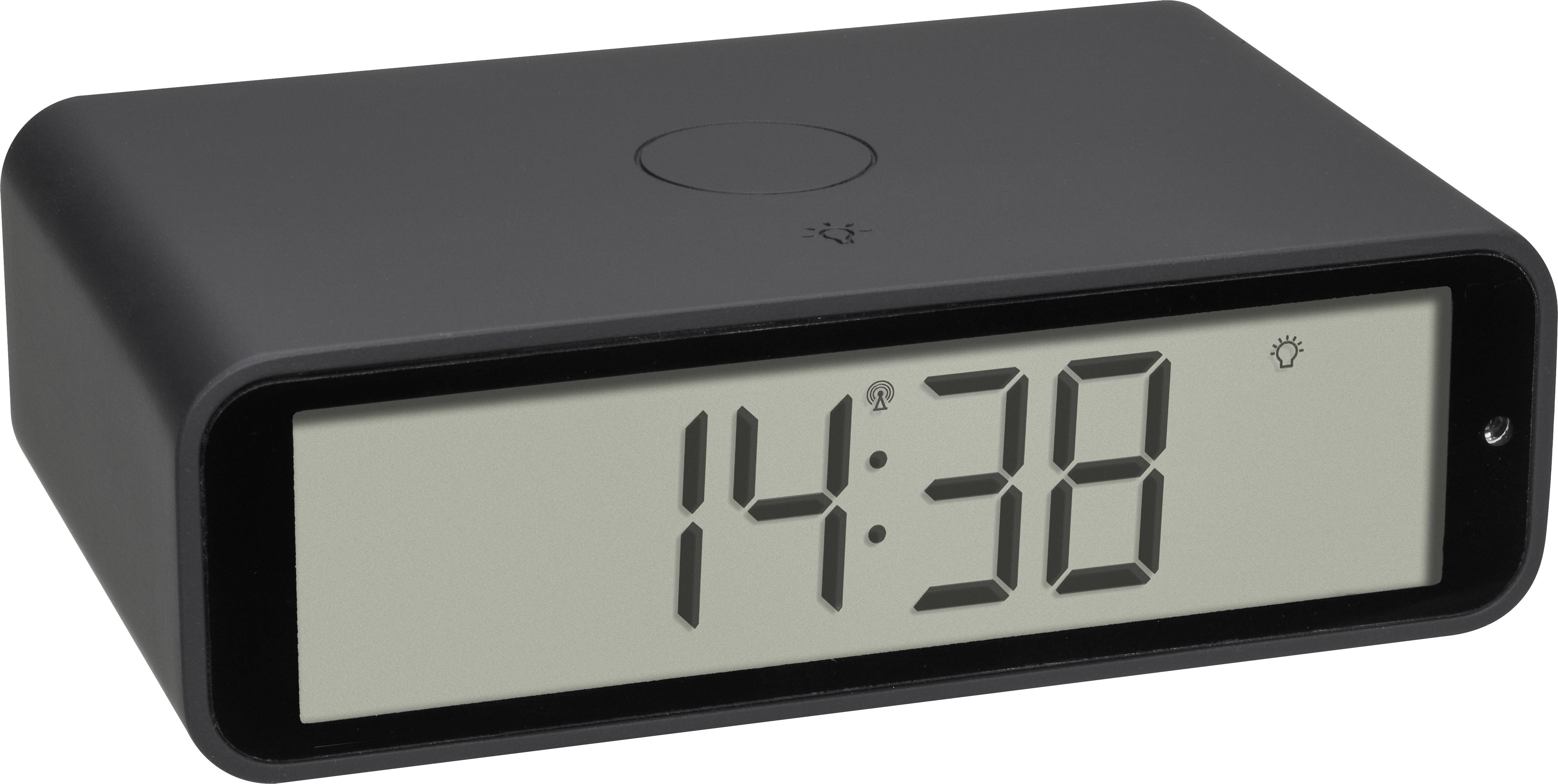 Zwarte digitale wekker toont de tijd '14:38' op een groot display.